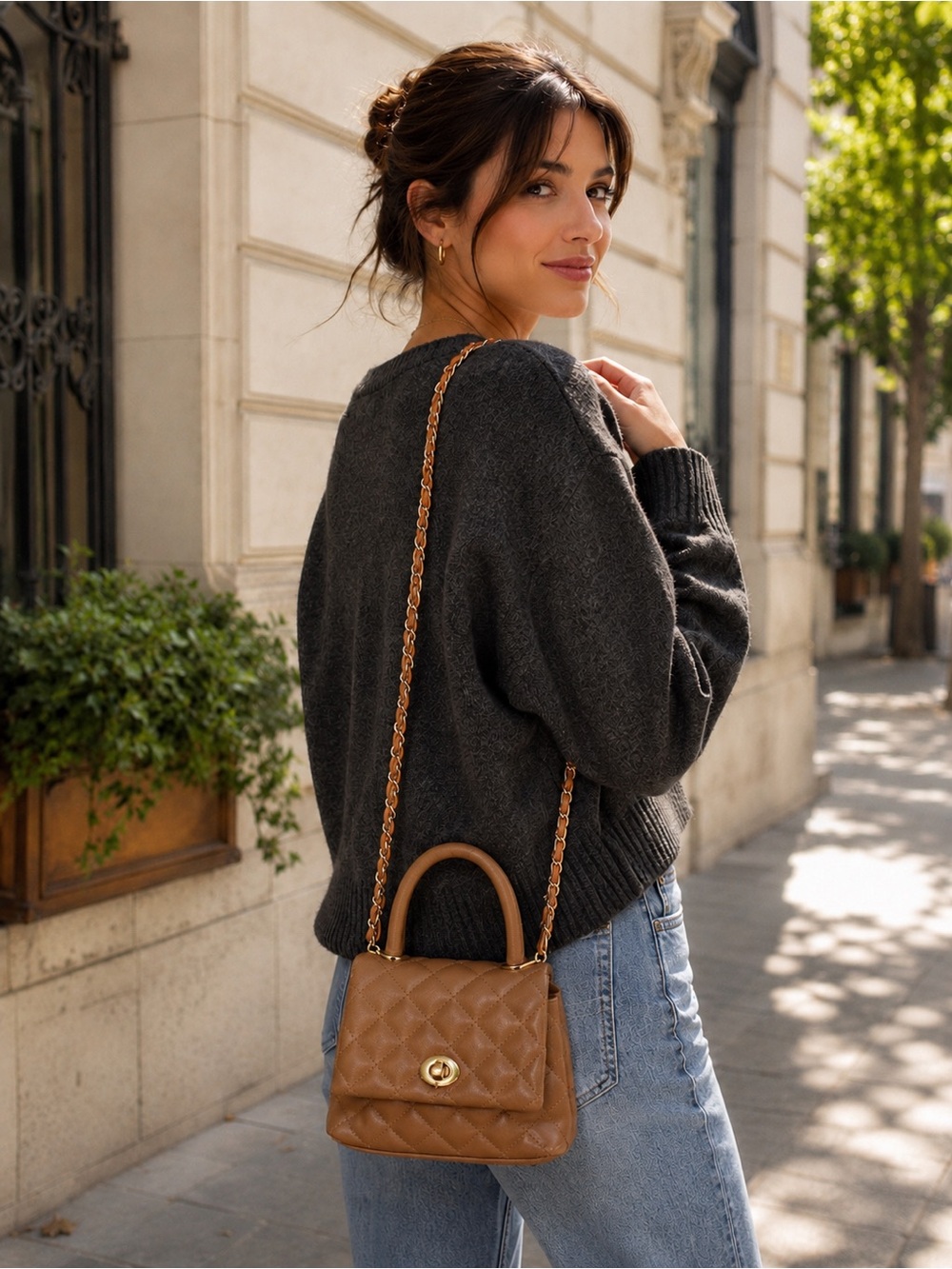 Quilted Faux Leather Top Handle Chain Strap Shoulder Bag – Classic Cognac Brown